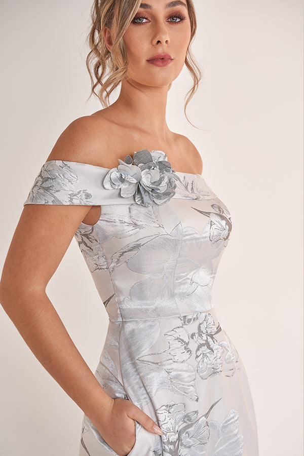 K278069 Chic Gill Jacquard A-Line Dress with Floral Portrait Collar an Pockets
