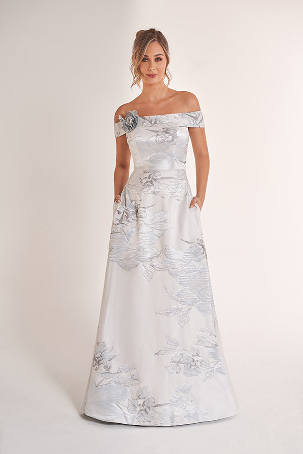 K278069 Chic Gill Jacquard A-Line Dress with Floral Portrait Collar an Pockets