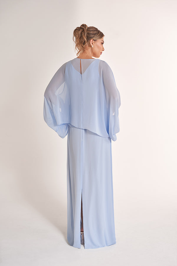 K278070 Classic Jade Chiffon Sheath Gown with Boat Neckline and Draped Top with Hand-Beaded Lace Appliques