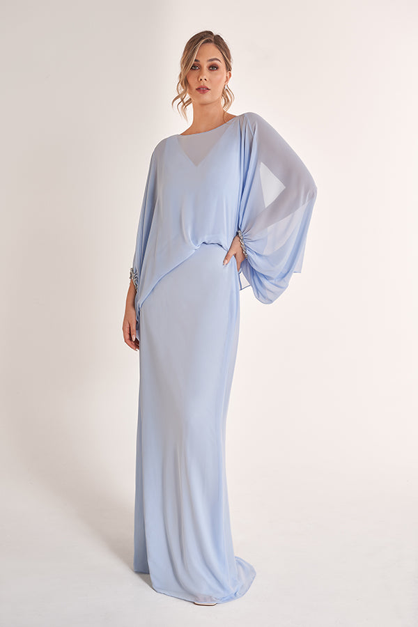 K278070 Classic Jade Chiffon Sheath Gown with Boat Neckline and Draped Top with Hand-Beaded Lace Appliques