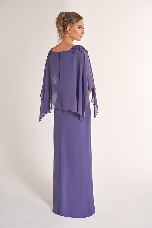 K278071 Classic Jade Chiffon Sheath Gown with Boat Neckline and Draped Top with Hand-Beaded Lace Appliques