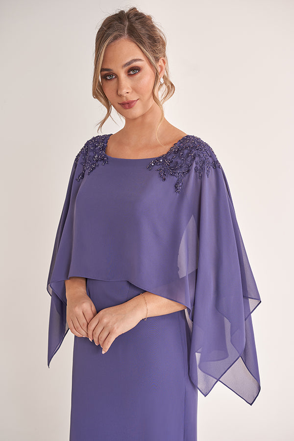 K278071 Classic Jade Chiffon Sheath Gown with Boat Neckline and Draped Top with Hand-Beaded Lace Appliques