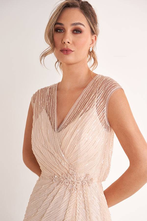 K278073 Glamorous Fit and Flare Adele Sequin Lace Gown with Illusion V-Neckline and Cap Sleeves