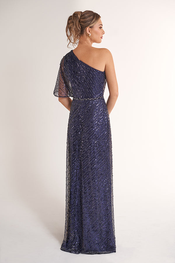 K278074 Breathtaking Adele Sequin Lace Fit and Flare Gown with One Shoulder Neckline and Flutter Sleeves