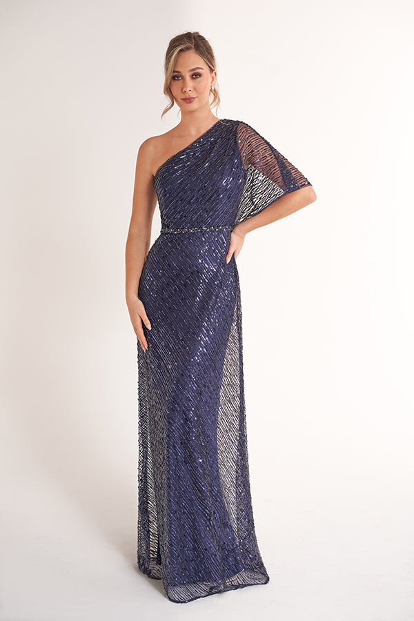K278074 Breathtaking Adele Sequin Lace Fit and Flare Gown with One Shoulder Neckline and Flutter Sleeves