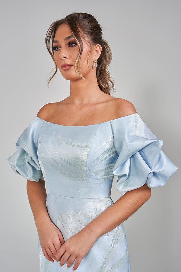 K228011 Embroidery Lace and Stretch Crepe Fit and Flare Gown with Long Sheer Sleeves and Asymmetrical Drop Waist