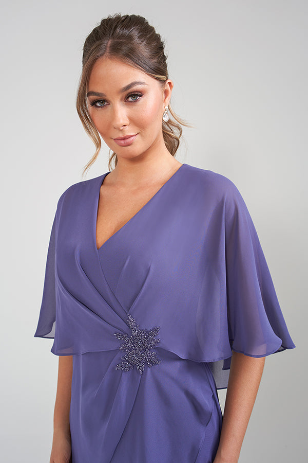 K228017 Graceful Chiffon Fit and Flare Dress with Attached Cape and Beaded Applique Shoulder