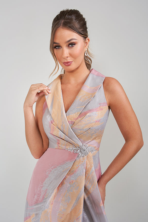 K228020 Elegant Chiffon Sheath Gown with Flowy Slit Sleeves and Wide Cinching Sequin Waistband