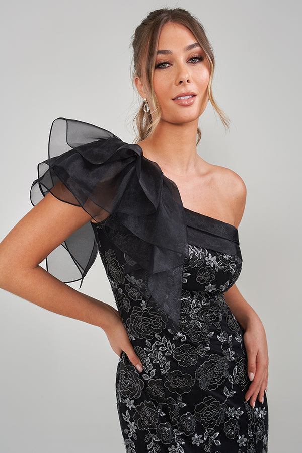 K228024 Elegant Chiffon Sheath Dress with Asymmetrical Neckline and Gathered Ruffle Cascading Bodice