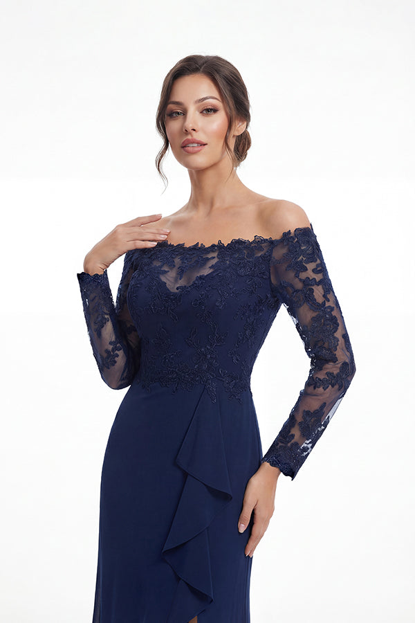 K288059 | Effortless Fit and Flare Soft Crepe Gown with Portrait Neckline and Off The Shoulder Long Sheer Lace Sleeves