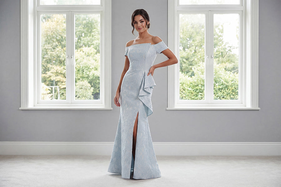 K288060 | Fashion-Forward Gabrielle Jacquard Fit and Flare Gown with Off The Shoulder Short Sleeves and Waistline Cascading Ruffles