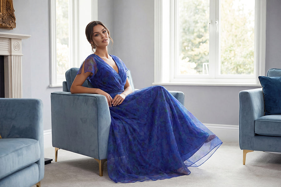 K288062 | Charming Heather Print Organza A-line Gown with V-Neckline and Flutter Sleeves