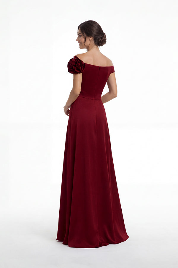 K288063 | Elegant A-line Crepe Back Charmeuse Gown with Off The Shoulder Portrait Neckline and One Shoulder Ruffle Detail