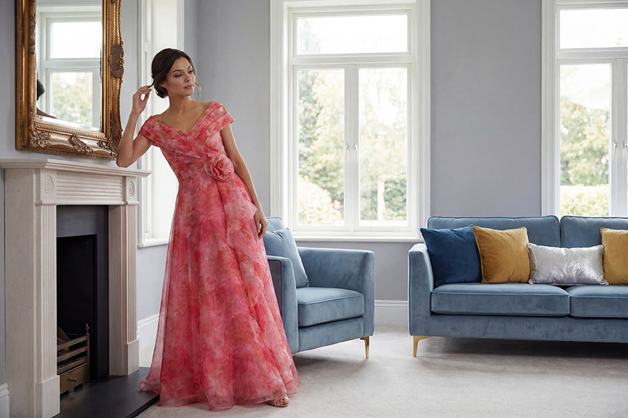 K288070 | Romantic Heather Print Organza A-line Gown with Portrait Neckline and Flower Accent Waistline with Cascading Ruffles