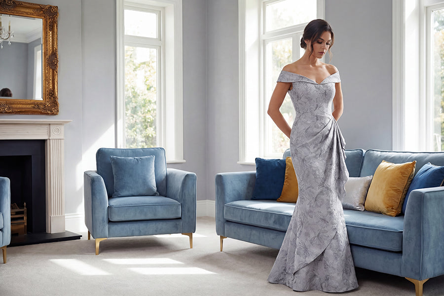 K288071 | Striking Gail Jacquard Fit and Flare Gown with Off The Shoulder Portrait Neckline and Side Gathers
