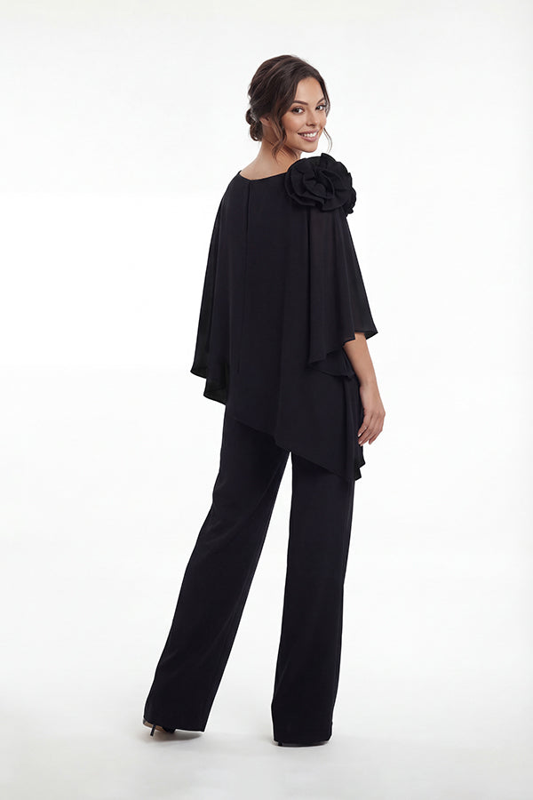 K288073 | Chic Stretch Soft Crepe Two Piece Pant Suit with Asymmetrical Neckline and Shoulder Flower