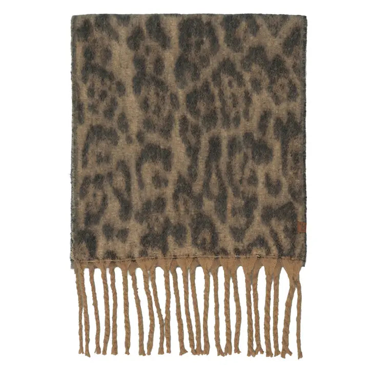 Woven Leopard Print Fringe Scarf