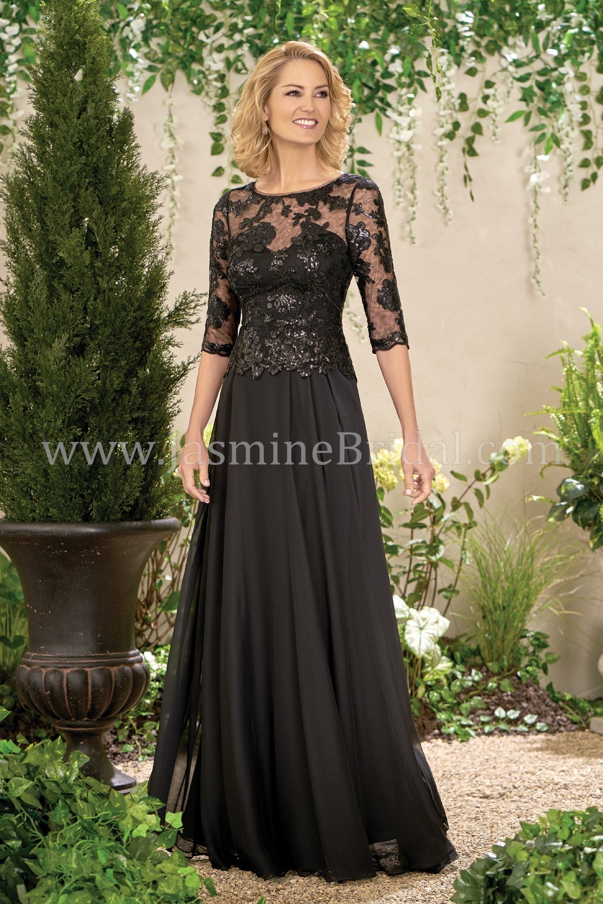 Long Boat Neckline Sequin Lace & Chiffon MOB Dress with Sleeves - J195014-999 FORMAL - MOB-FORMAL SOCIETY