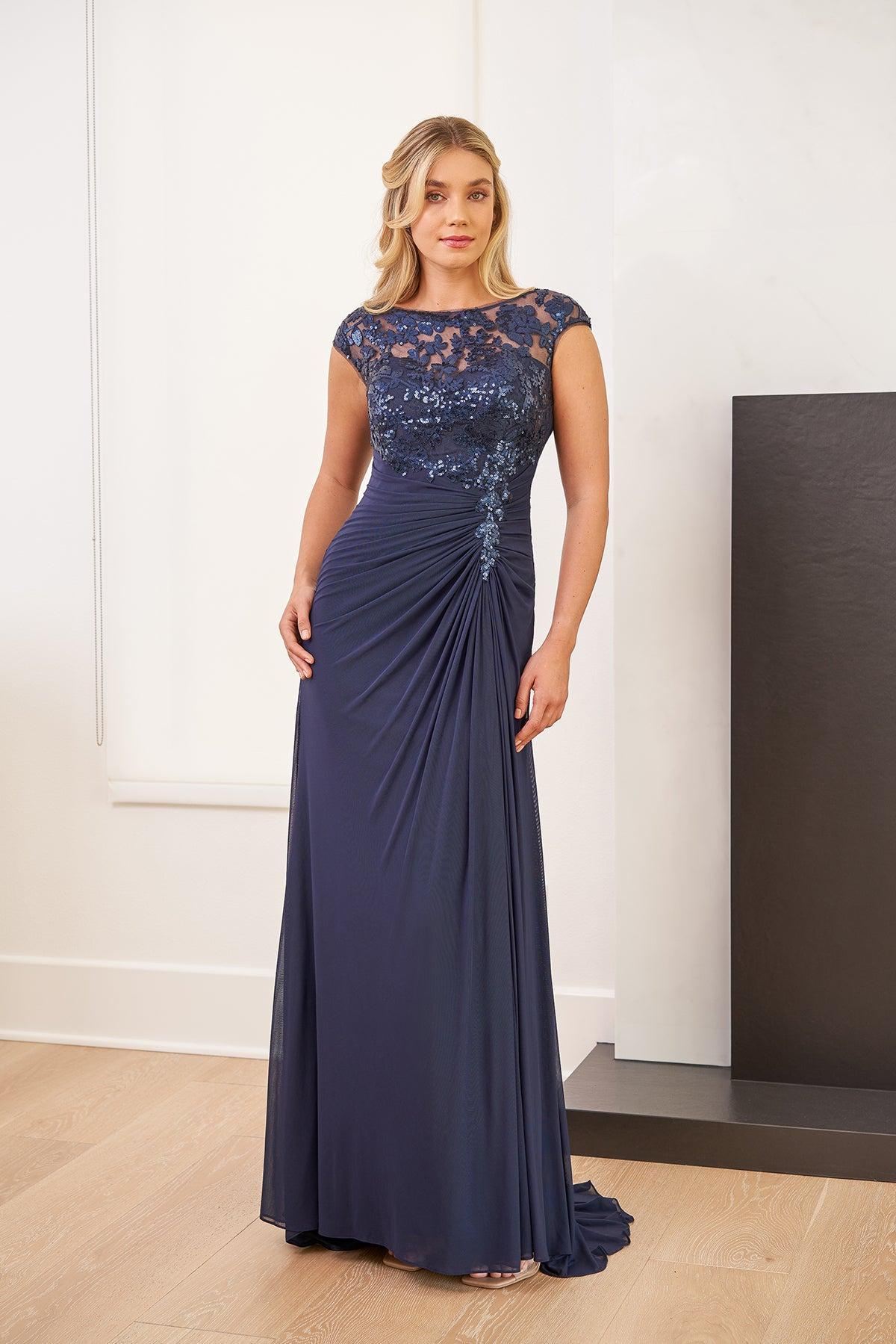 Long Illusion Boat Neckline Audrey Sequin Lace & Stretch Illusion MOB Dress - J195010X-999 FORMAL - MOB-FORMAL SOCIETY