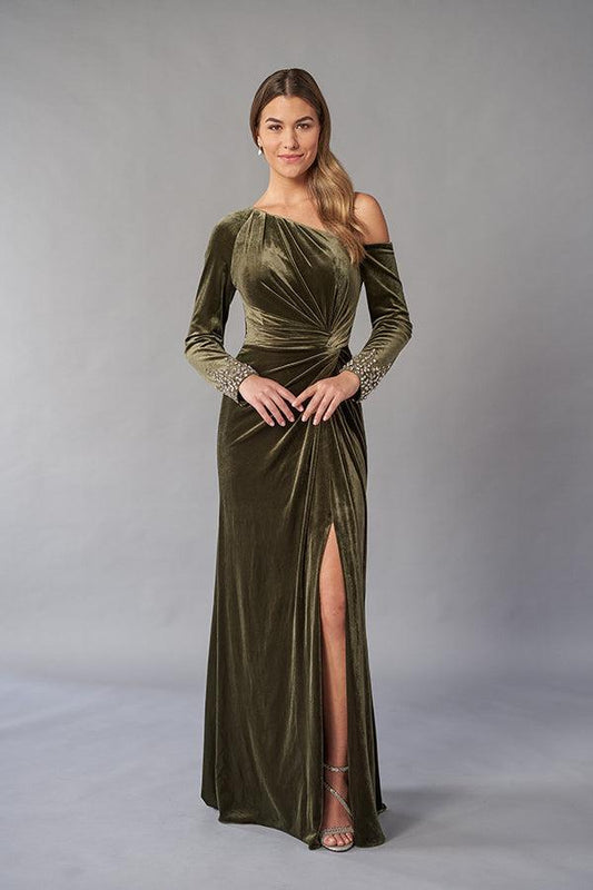 Luxurious Stretch Velvet Gown with Asymmetrical Neckline and Long Sleeves with Beaded Cuffs-999 FORMAL - MOB-FORMAL SOCIETY