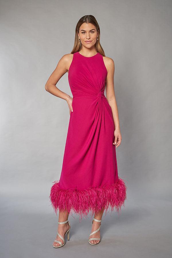 Memorable Stretch Soft Crepe Tea Length Gown with Accented Feather Hemline and Jewel Neckline-999 FORMAL - MOB-FORMAL SOCIETY