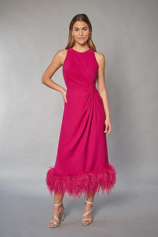 Memorable Stretch Soft Crepe Tea Length Gown with Accented Feather Hemline and Jewel Neckline-999 FORMAL - MOB-FORMAL SOCIETY