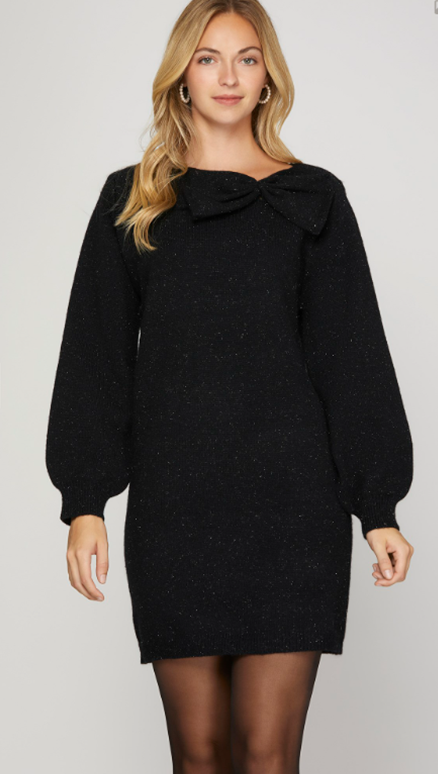 Metallic Bow Tie Sweater Dress-100 HOLIDAY DRESS - MINI-FORMAL SOCIETY