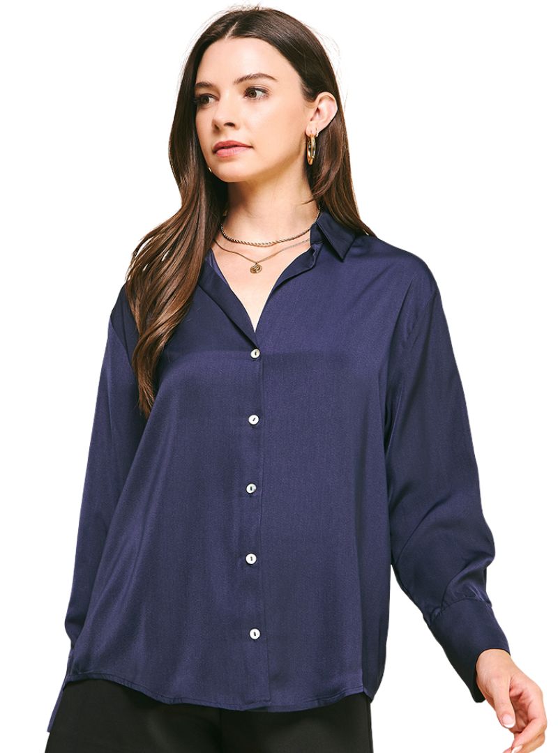 Navy Button Down Blouse-300 RTW TOP - LONG SLEEVE-FORMAL SOCIETY