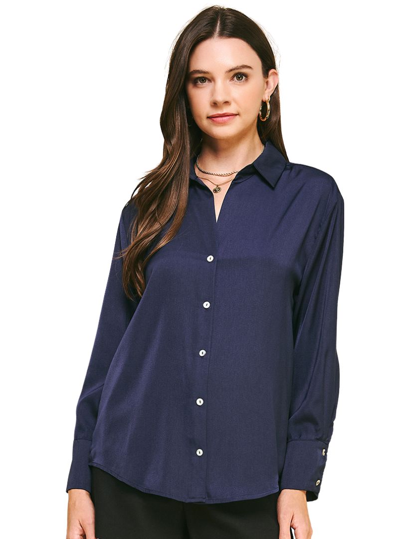 Navy Button Down Blouse-300 RTW TOP - LONG SLEEVE-FORMAL SOCIETY