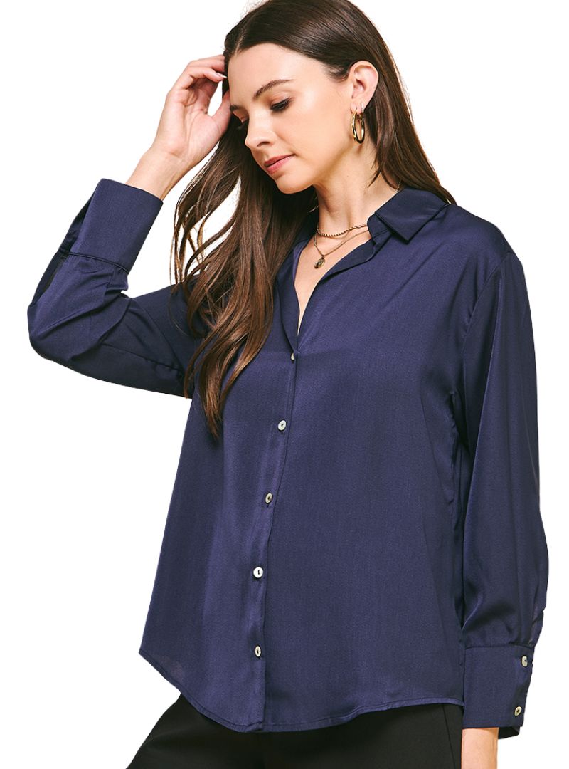 Navy Button Down Blouse-300 RTW TOP - LONG SLEEVE-FORMAL SOCIETY