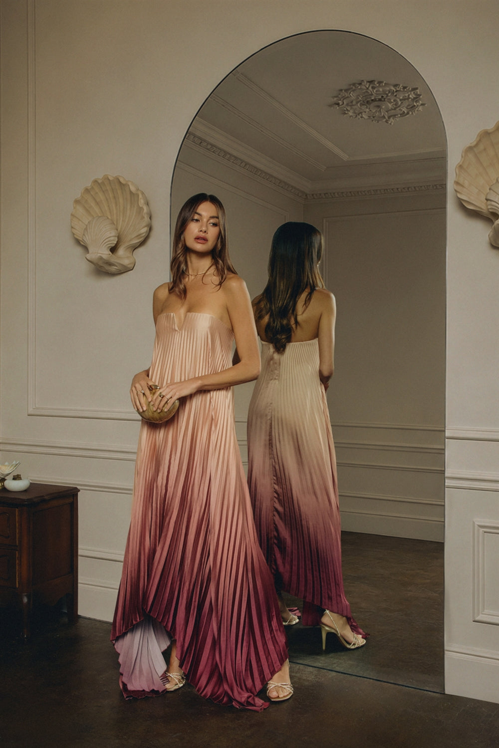 Ombre Strapless Pleated Maxi Column Dress