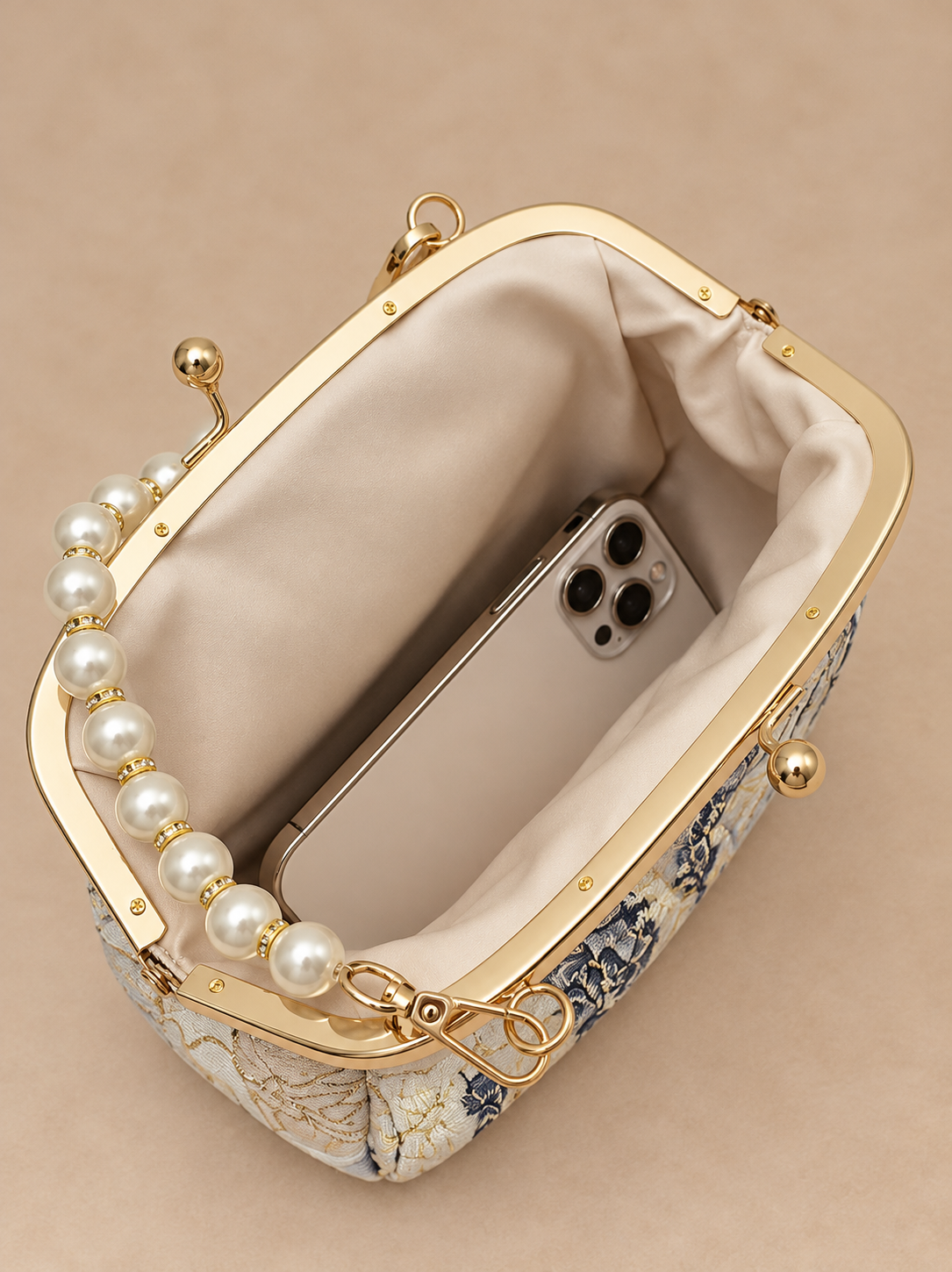 Navy Floral Pearl Brocade Evening Bag
