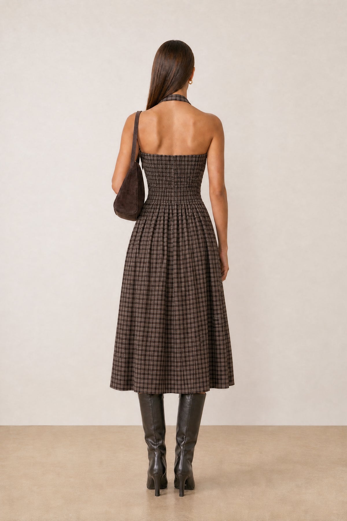Plaid Halter Open Back Midi Dress