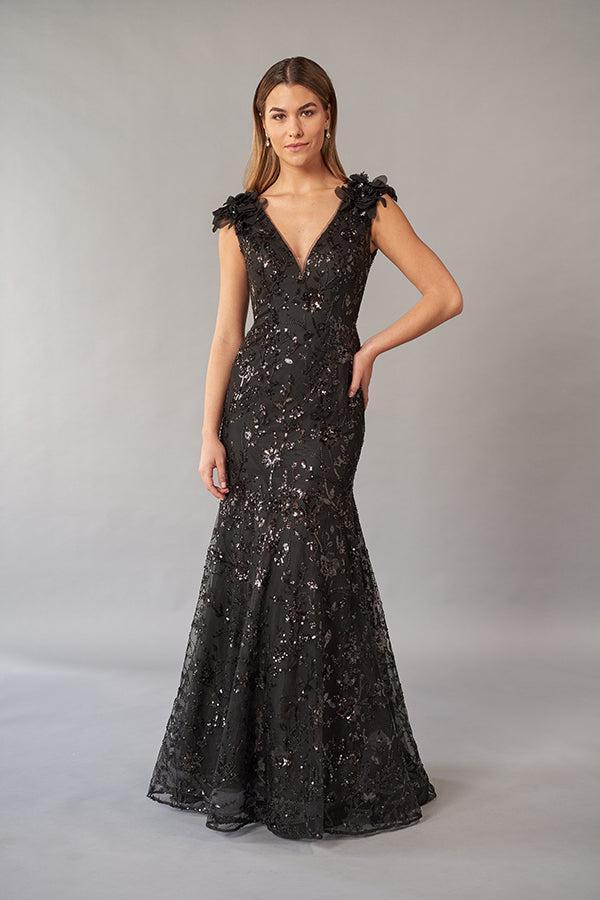 Sequin Lace Mermaid Gown with Plunging Neckline Accented with 3D Flowers and Beading-999 FORMAL - MOB-FORMAL SOCIETY
