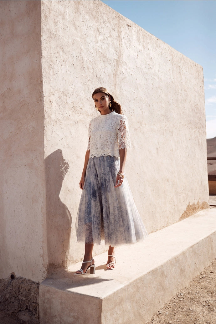 Blue Toile De Jouy Tulle Skirt