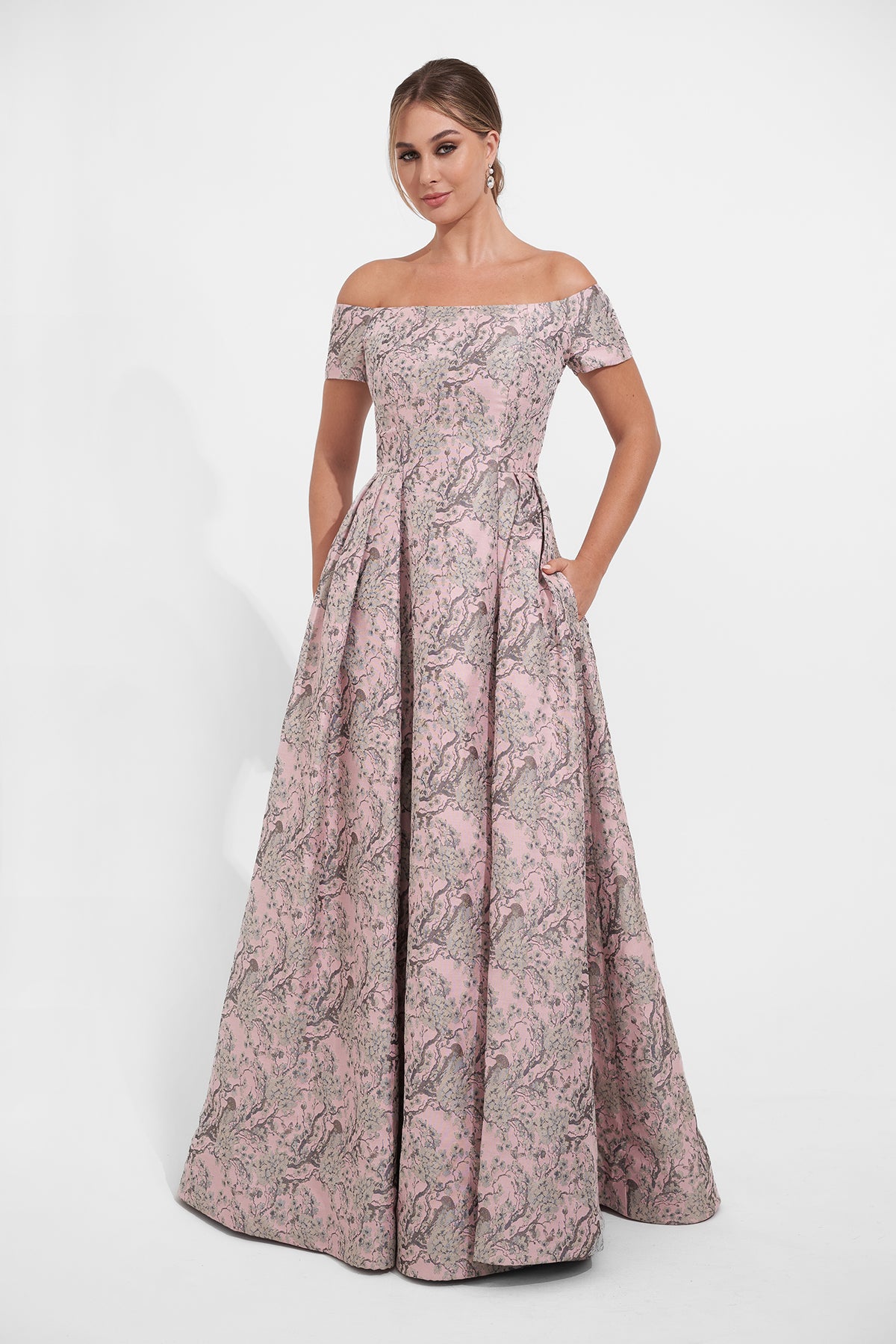 Stunning Florence Jacquard Pleated A-line Gown with Off-the-Shoulder Neckline and Cap K278019Sleeves-999 FORMAL - MOB-FORMAL SOCIETY