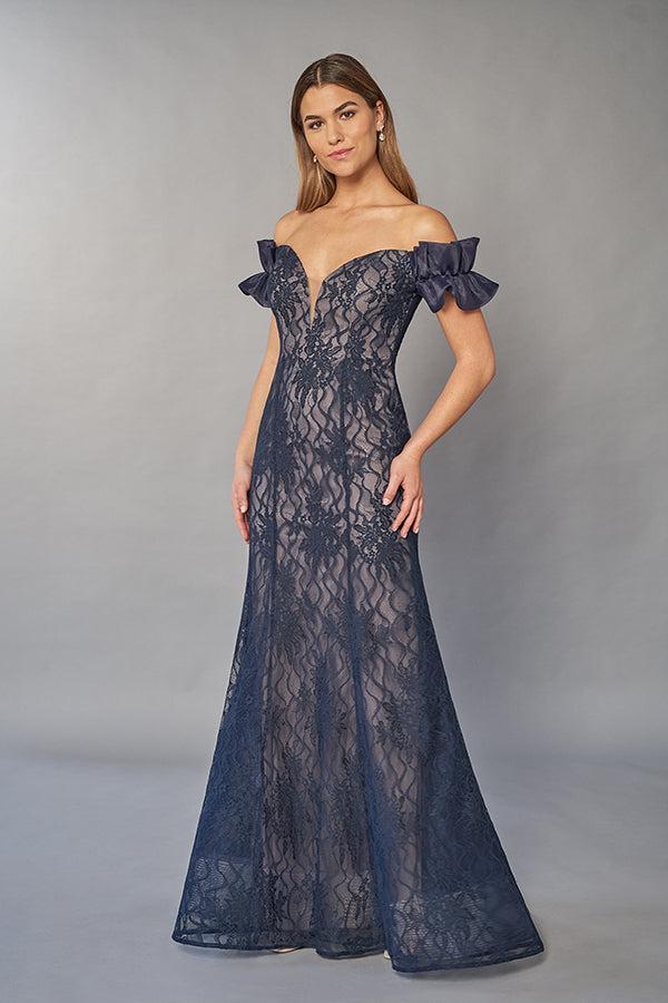Stunning Lace Mermaid Gown with Portrait Neckline and Gathered Ruffled Sleeves-999 FORMAL - MOB-FORMAL SOCIETY