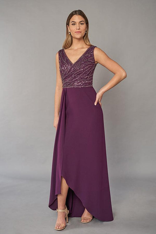 Stylish Sequin and Soft Crepe Gown with V-neckline and High-Low Skirt-999 FORMAL - MOB-FORMAL SOCIETY
