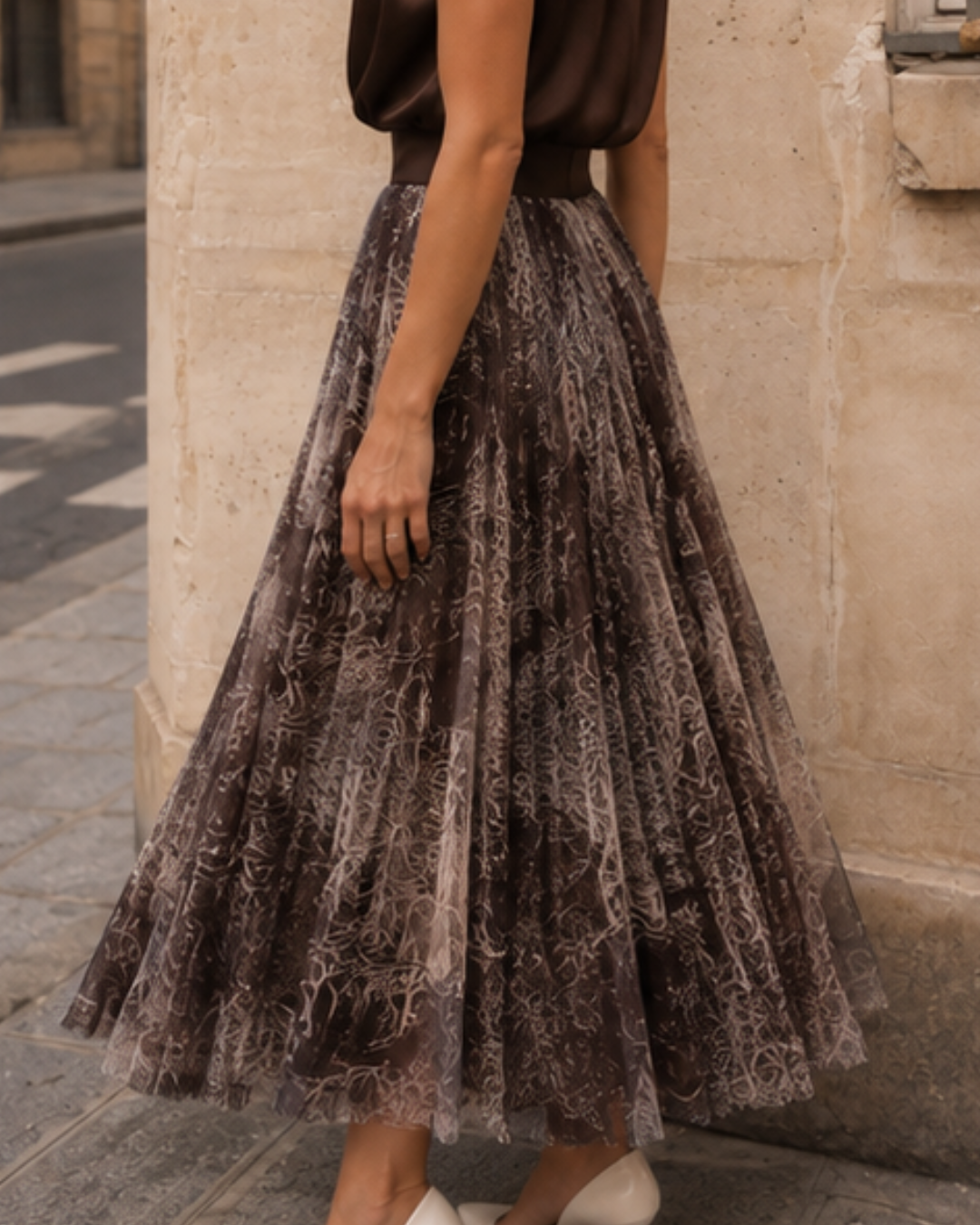 Toile De Jouy Tulle Skirt | Chocolate