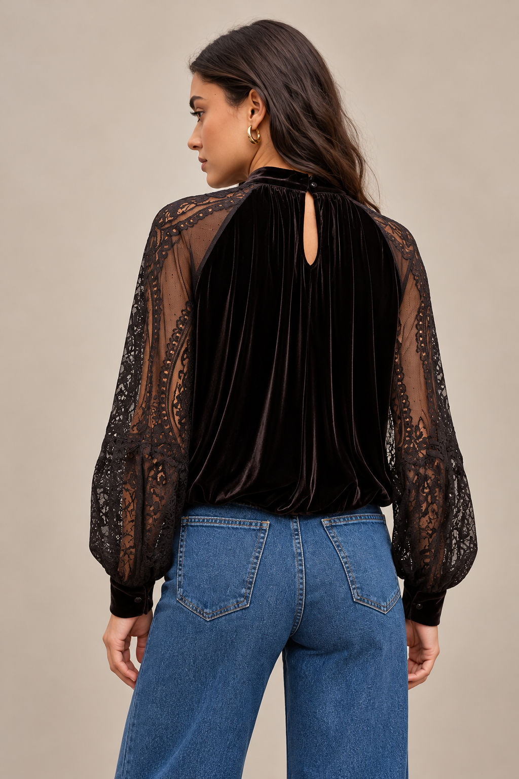 Velvet Lace Sleeve Blouse