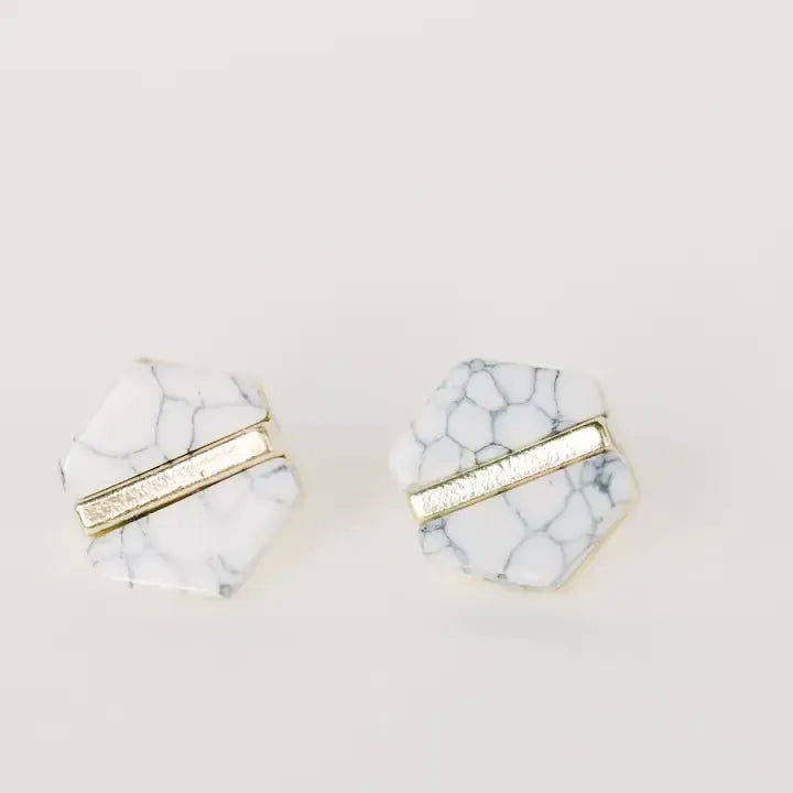 White Marble Hexagon Statement Stud Earrings-610 ACCESSORIES - EARRING-FORMAL SOCIETY