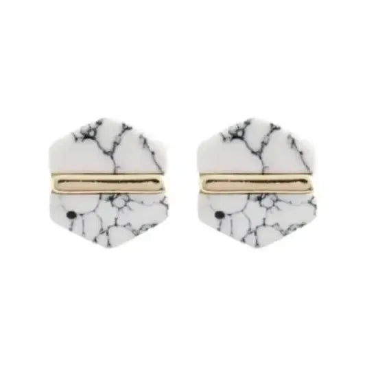 White Marble Hexagon Statement Stud Earrings-610 ACCESSORIES - EARRING-FORMAL SOCIETY
