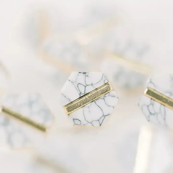 White Marble Hexagon Statement Stud Earrings-610 ACCESSORIES - EARRING-FORMAL SOCIETY