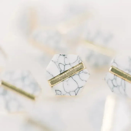 White Marble Hexagon Statement Stud Earrings-610 ACCESSORIES - EARRING-FORMAL SOCIETY