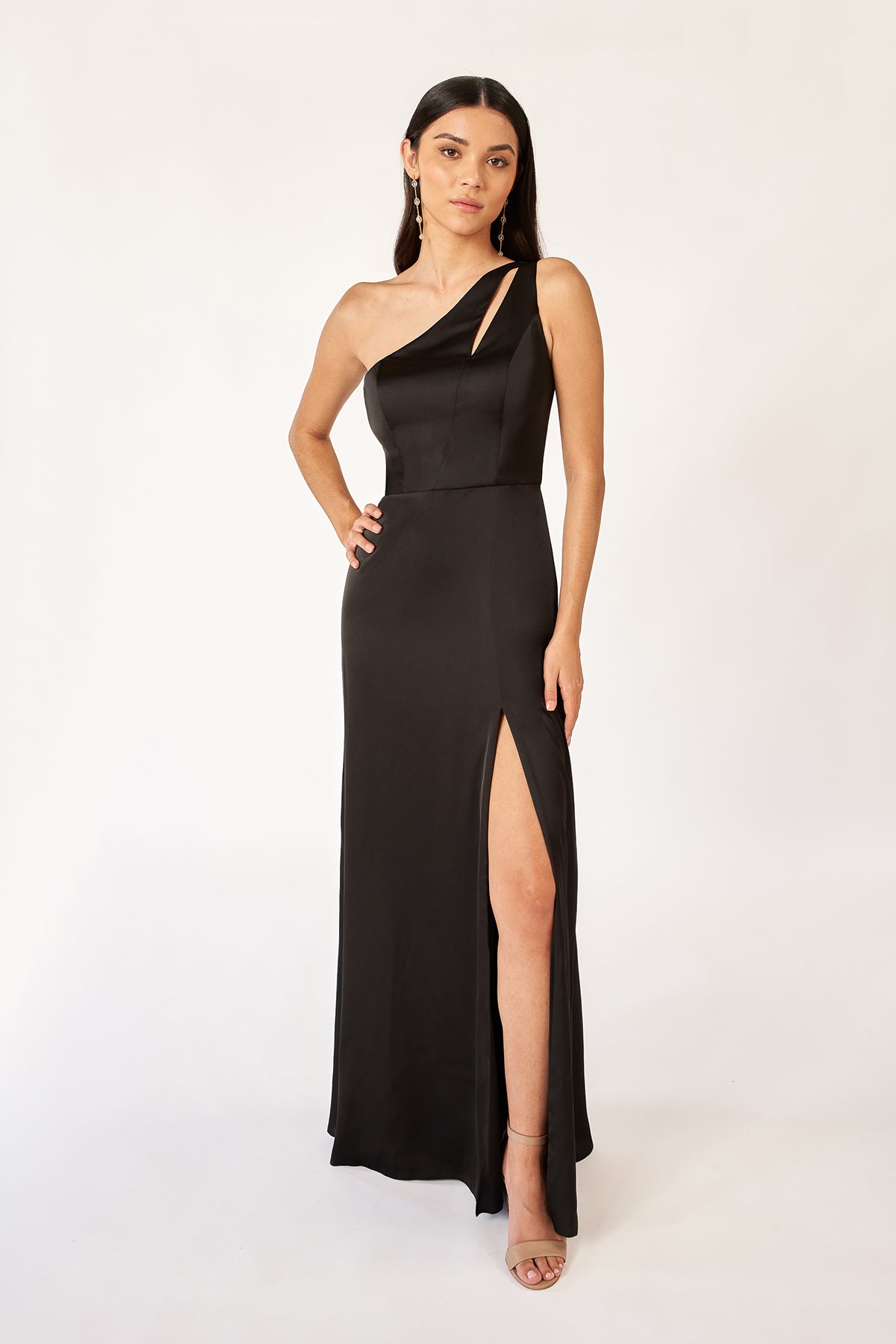 Custom Gown | Modern Lux Charmeuse A-line Gown with One Shoulder and Slim Shoulder Cut-Out