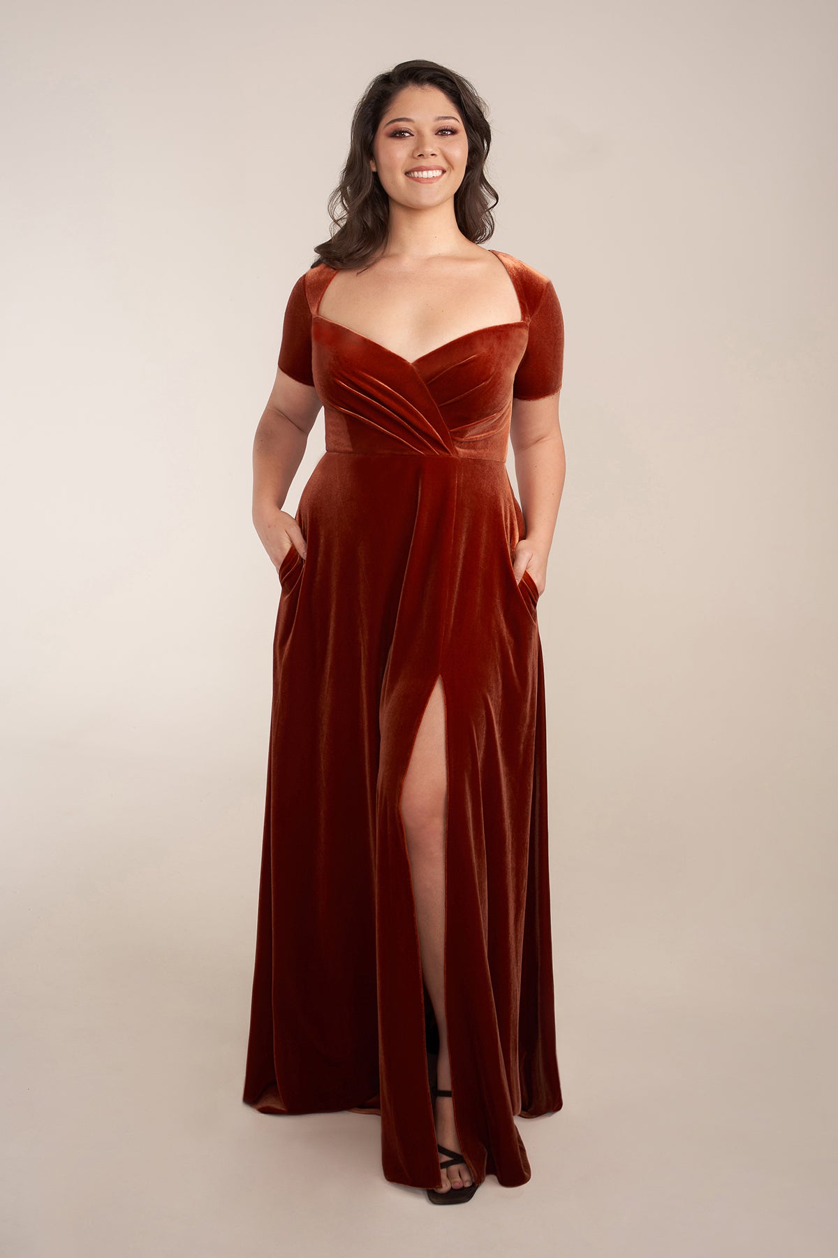 Custom Gown | Elegant A-Line Stretch Velvet Gown with Queen Anne Neckline and Short Sleeves