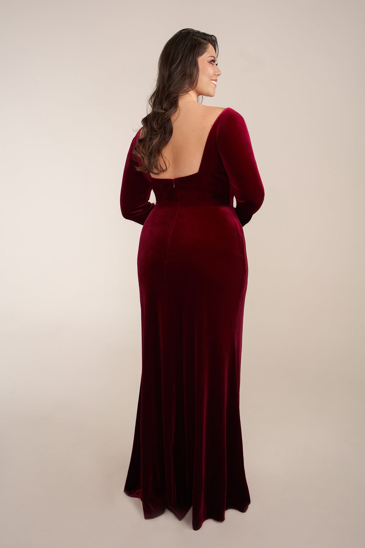 Custom Gown | Gorgeous Fit and Flare Stretch Velvet Gown with V-Neckline and Long Sleeves