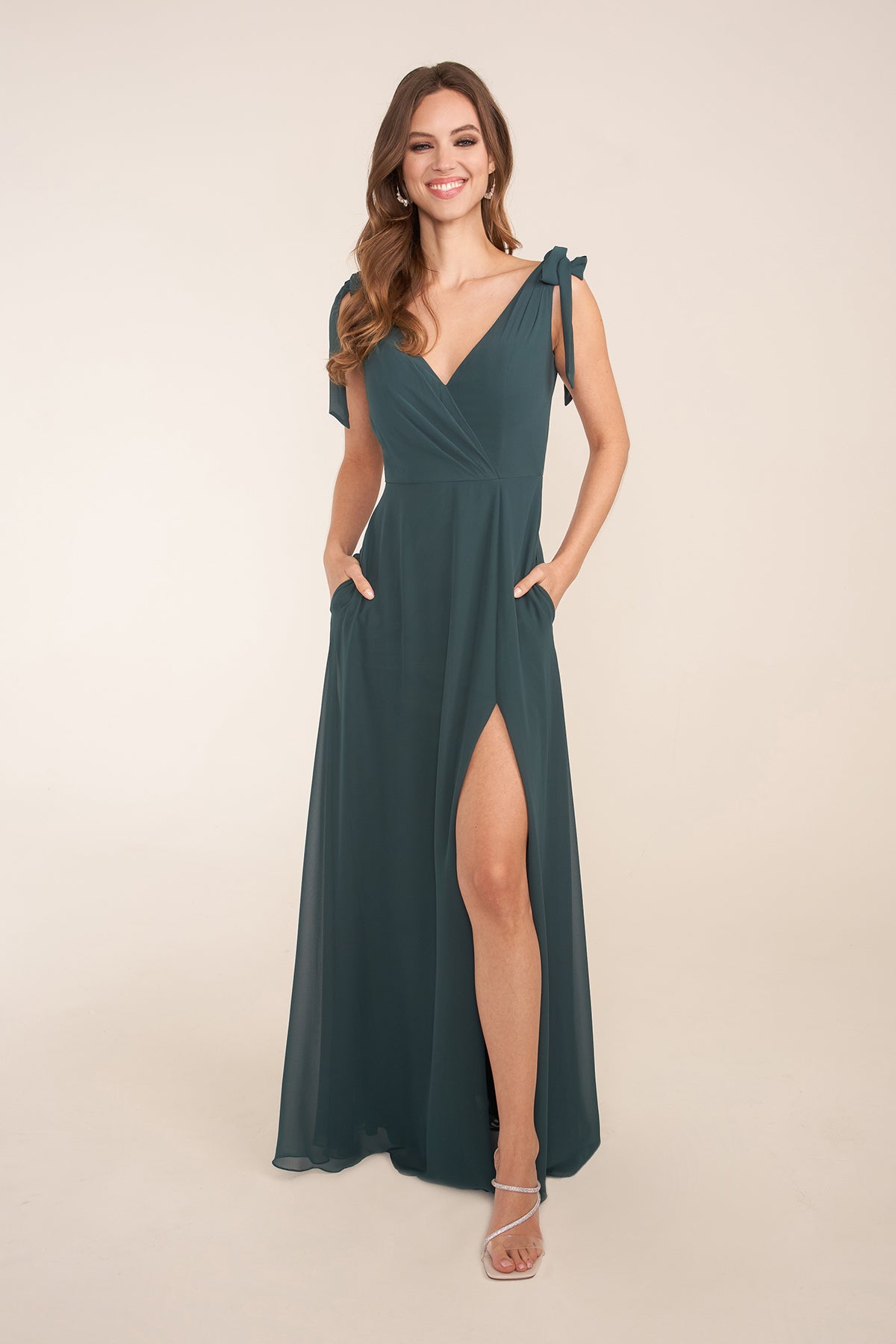 Custom Gown | Refined Poly Chiffon A-line Gown with Draped Bodice and Shoulder Bows