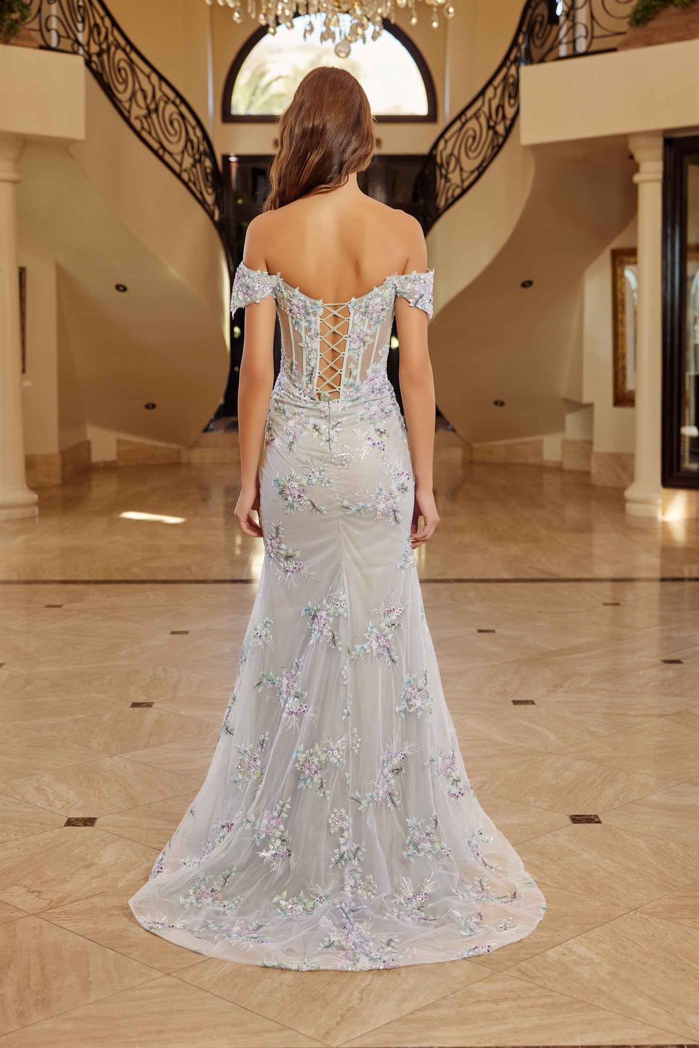 Off Shoulder Floral Prom Dress