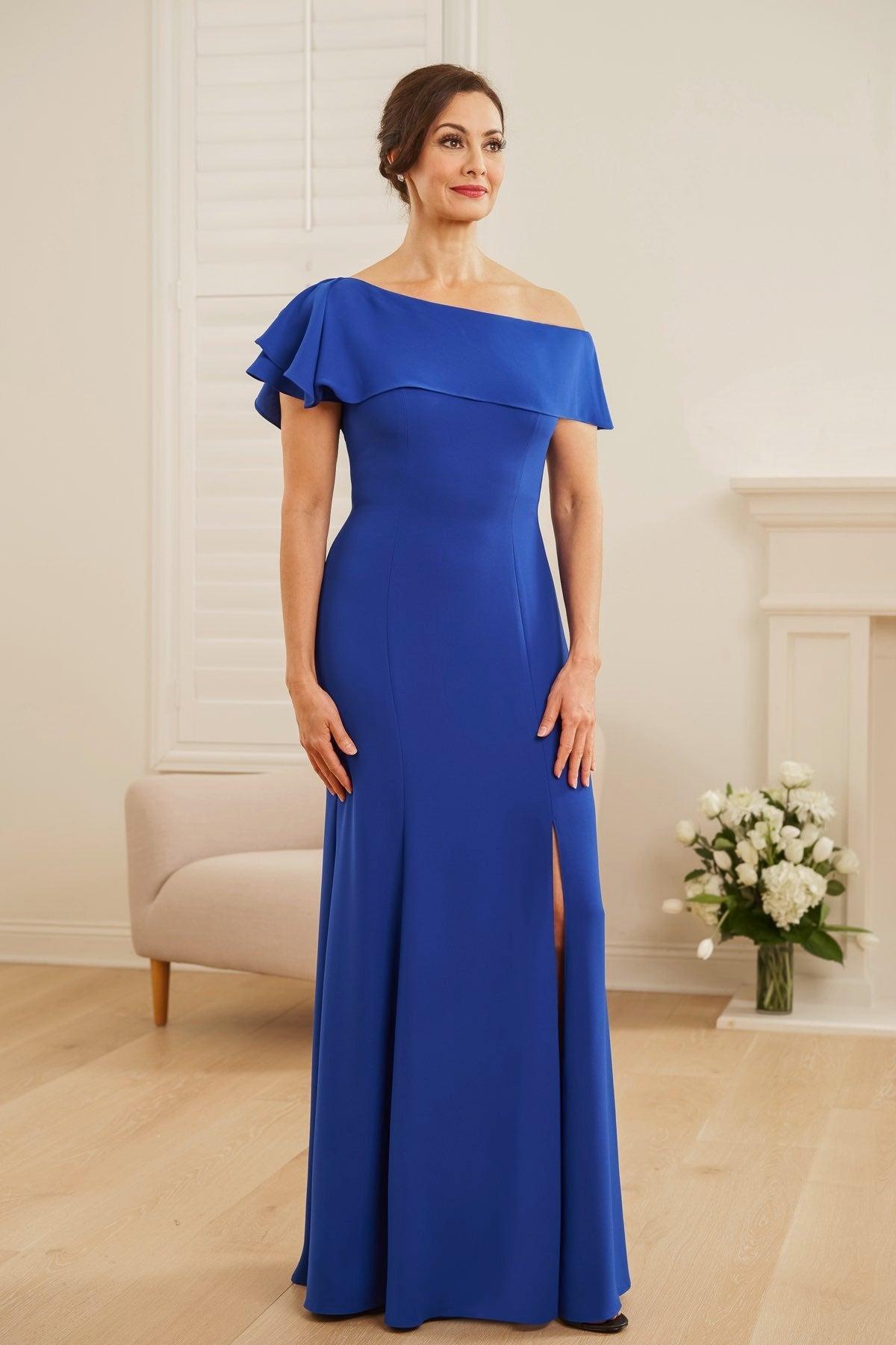 Gorgeous Stretch Soft Crepe Princess Seam Fit & Flare Gown with One Shoulder Flounce Neckline and Ruffle Effect - K248056-999 FORMAL - MOB-FORMAL SOCIETY